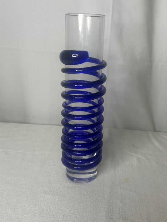 Other - Modernist Art Glass Vase Cold Cut Rim Cobalt Spiral Ribbon MCM 11.5"